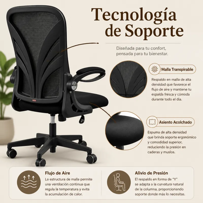 Silla de Oficina Ergonómica Premium con Respaldo en "Y" y Apoyabrazos Plegables