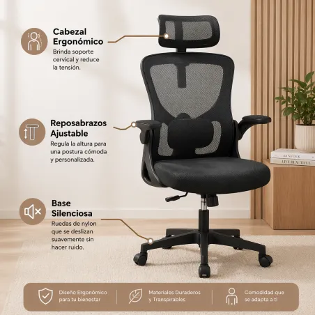 Silla de Oficina Ergonómica de Malla Transpirable con Soporte Lumbar Activo y Cabezal Ajustable