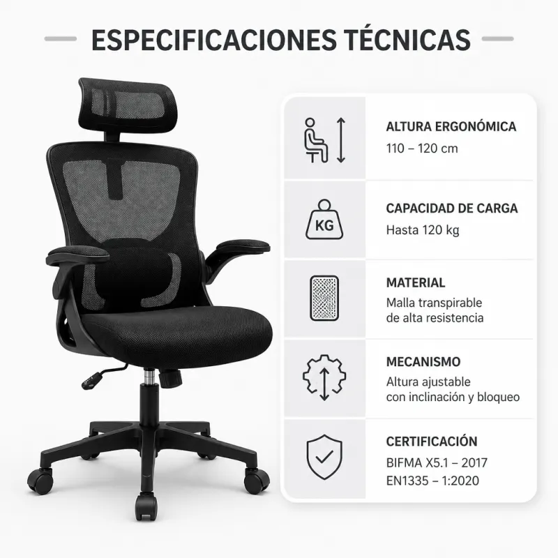 Silla de Oficina Ergonómica de Malla Transpirable con Soporte Lumbar Activo y Cabezal Ajustable