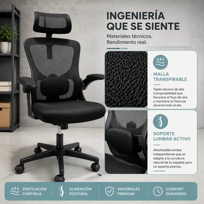 Silla de Oficina Ergonómica de Malla Transpirable con Soporte Lumbar Activo y Cabezal Ajustable