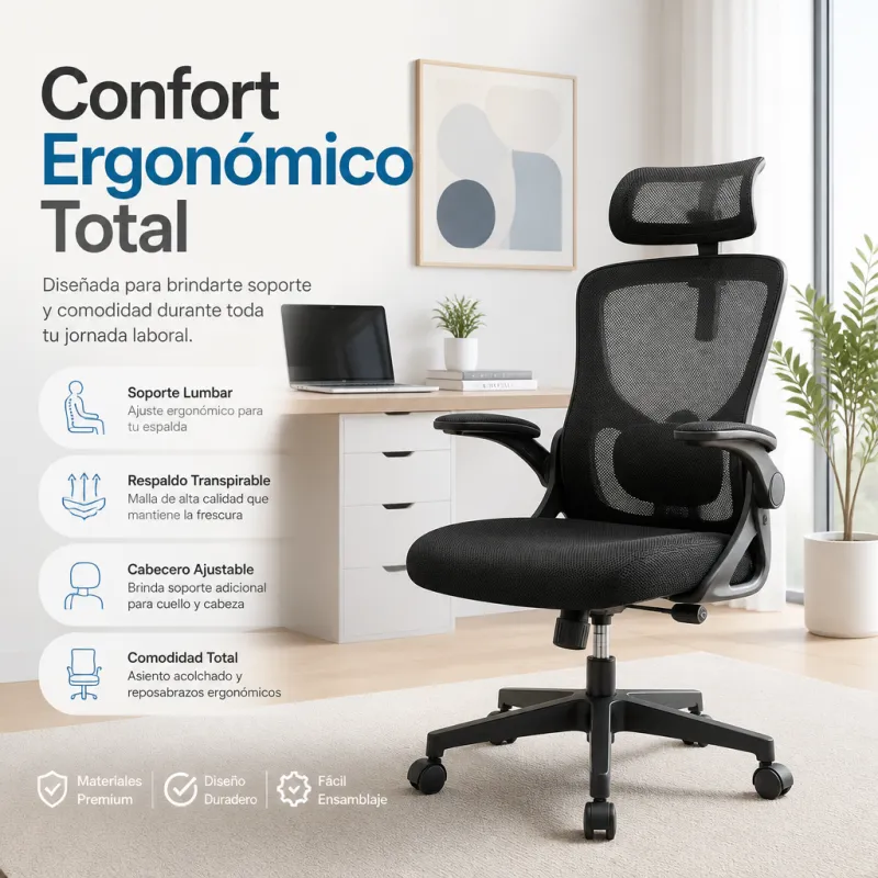 Silla de Oficina Ergonómica de Malla Transpirable con Soporte Lumbar Activo y Cabezal Ajustable