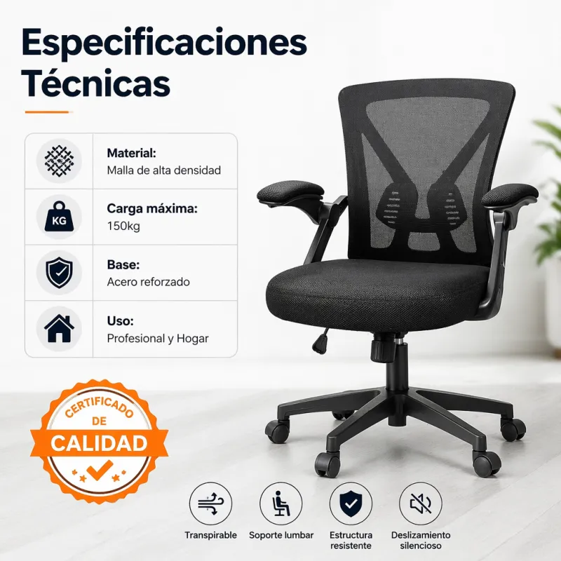 Silla de Oficina Ergonómica con Reposabrazos Abatibles y Soporte Lumbar Dinámico