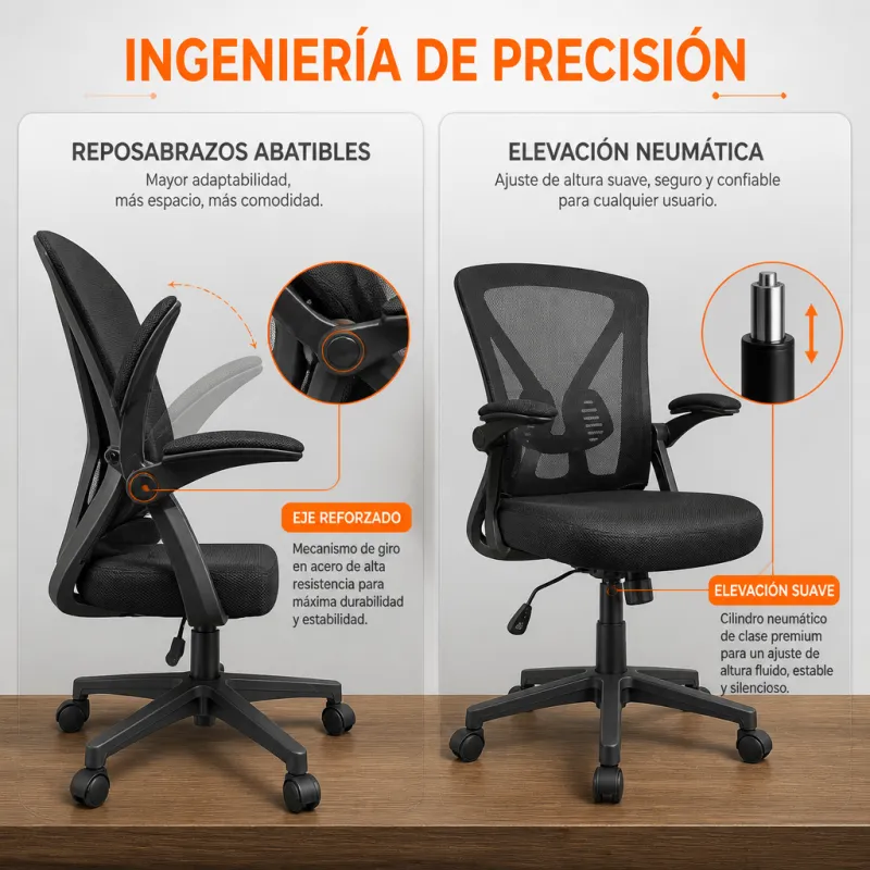 Silla de Oficina Ergonómica con Reposabrazos Abatibles y Soporte Lumbar Dinámico