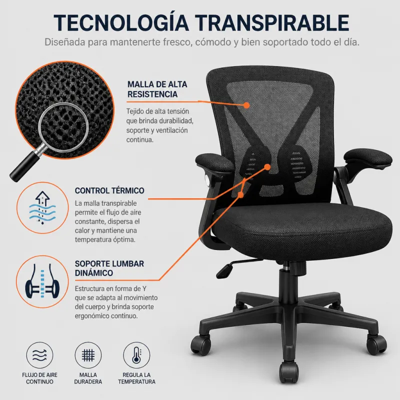 Silla de Oficina Ergonómica con Reposabrazos Abatibles y Soporte Lumbar Dinámico