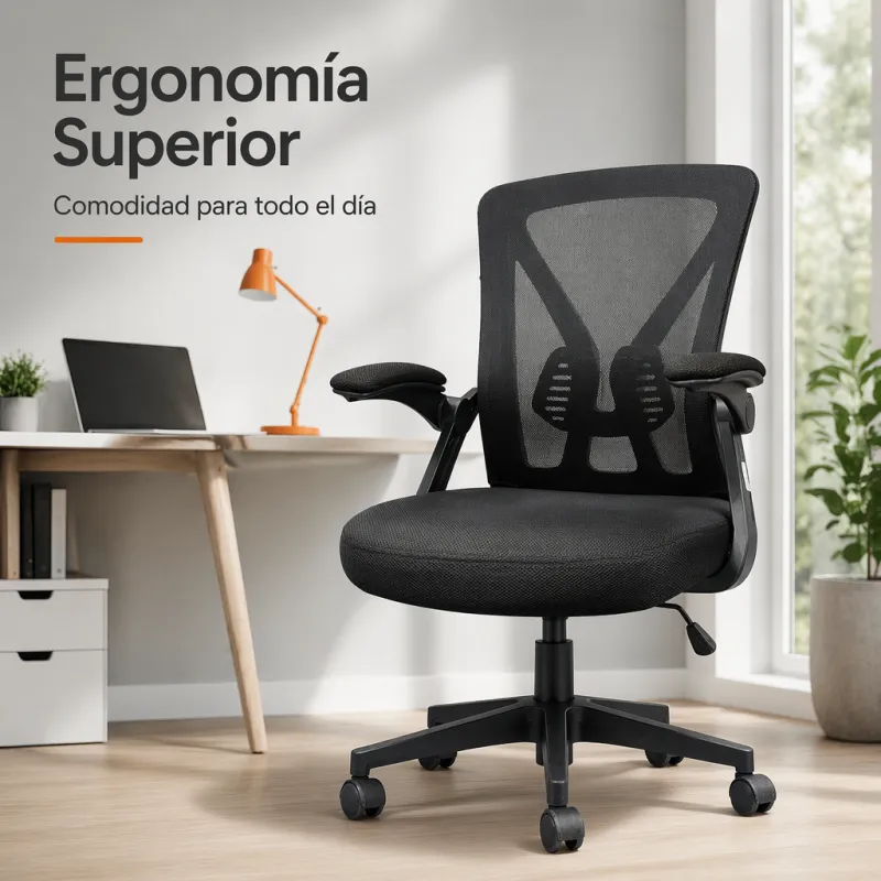 Silla de Oficina Ergonómica con Reposabrazos Abatibles y Soporte Lumbar Dinámico