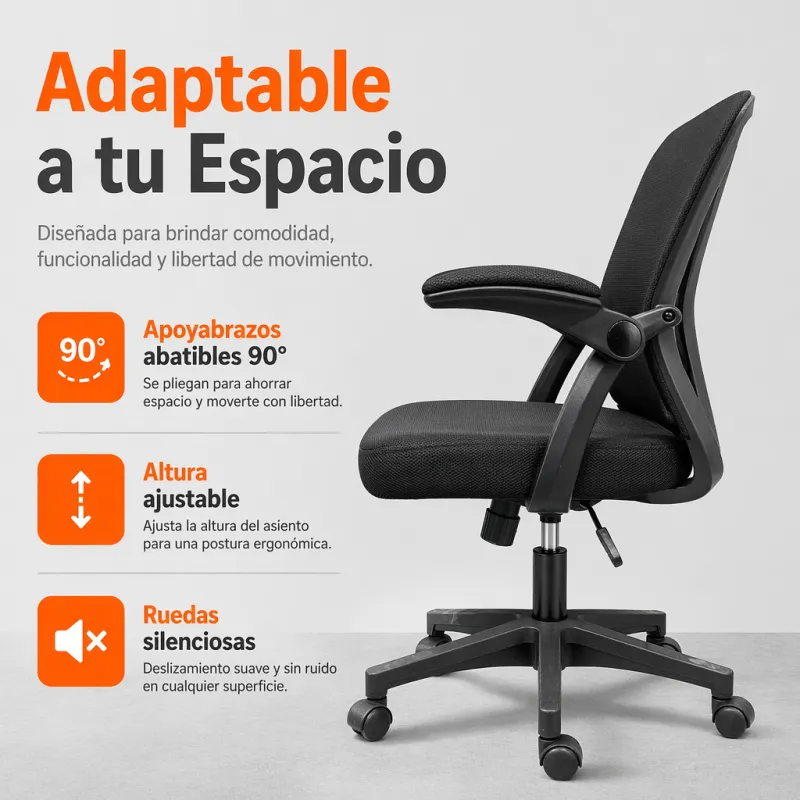 Silla de Oficina Ergonómica con Reposabrazos Abatibles y Soporte Lumbar Dinámico