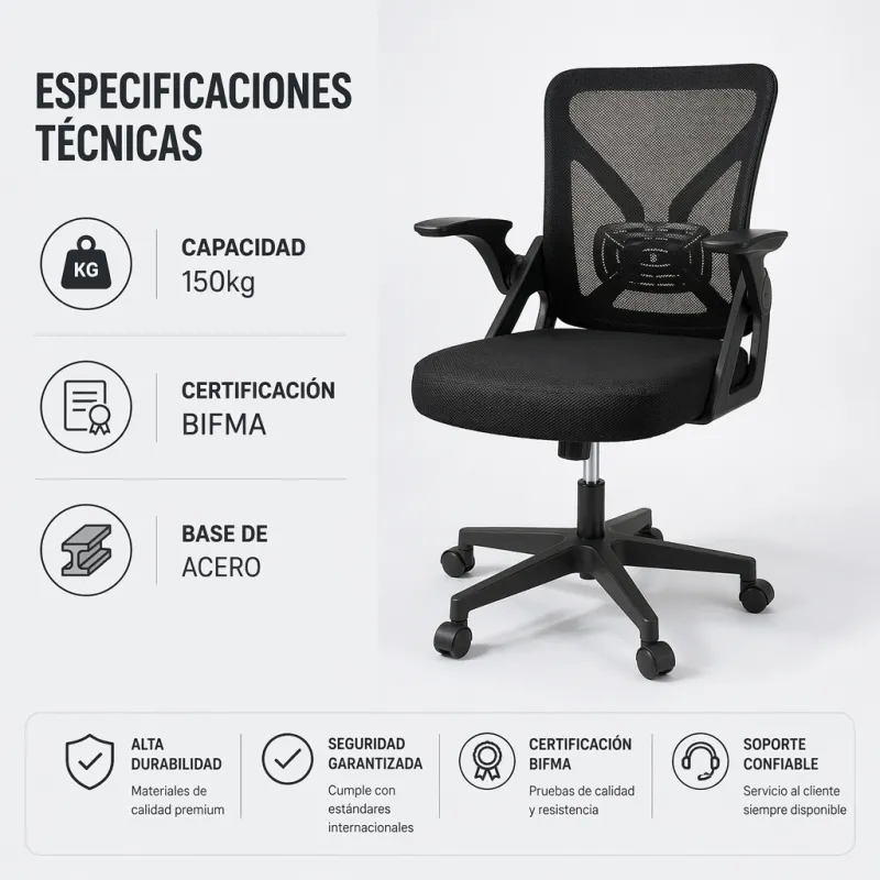 Silla de Escritorio Ergonómica Minimalista con Brazos Abatibles y Malla Premium