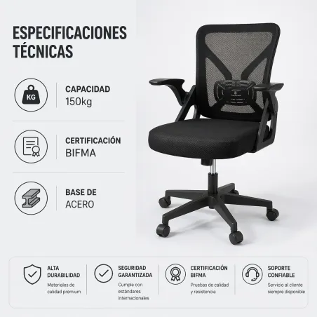 Silla de Escritorio Ergonómica Minimalista con Brazos Abatibles y Malla Premium