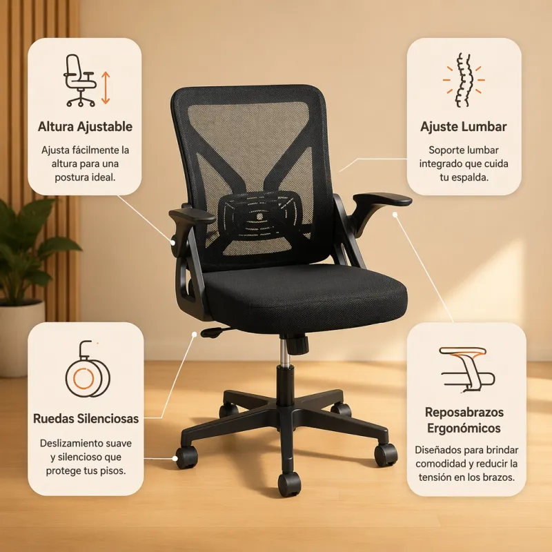 Silla de Escritorio Ergonómica Minimalista con Brazos Abatibles y Malla Premium
