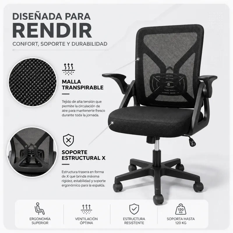 Silla de Escritorio Ergonómica Minimalista con Brazos Abatibles y Malla Premium