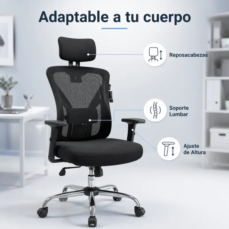 Silla de Escritorio Ergonómica con Respaldo de Malla y Soporte Lumbar