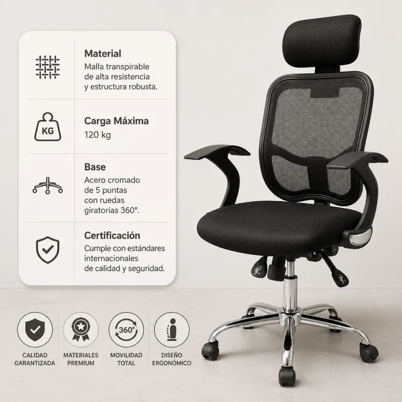 Silla de Escritorio Económica con Respaldo de Malla y Reposabrazos Fijos