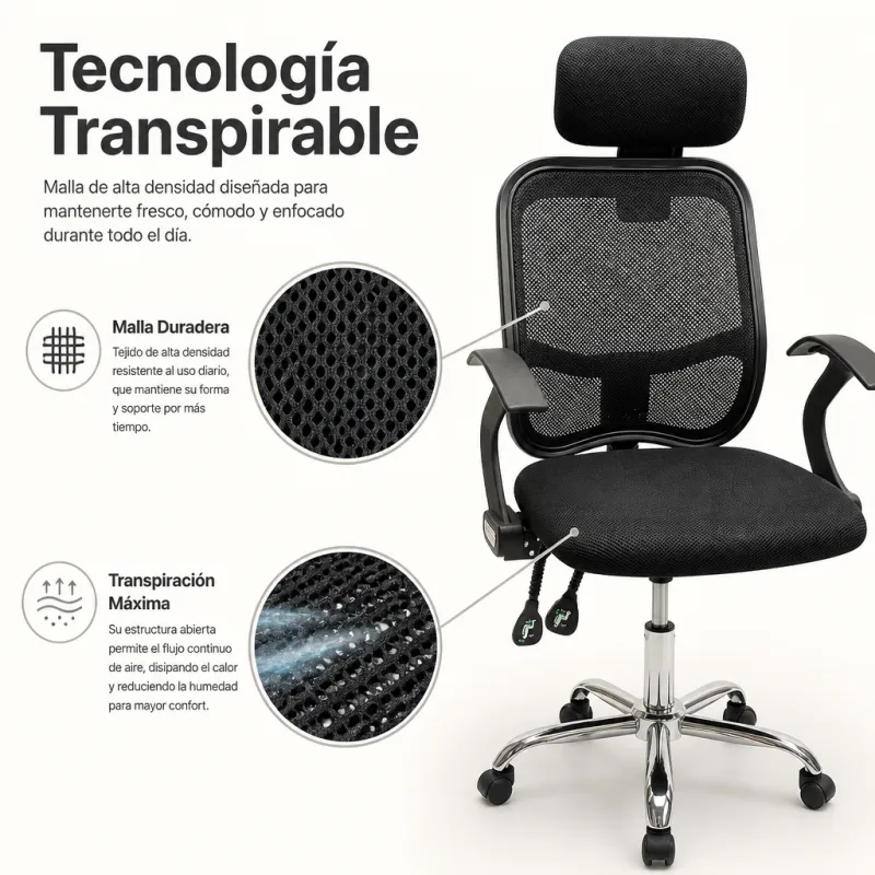 Silla de Escritorio Económica con Respaldo de Malla y Reposabrazos Fijos