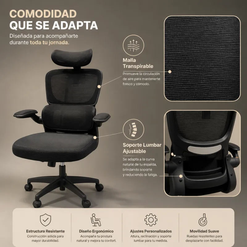 Silla de Oficina Ergonómica de Malla Transpirable con Soporte Lumbar Ajustable