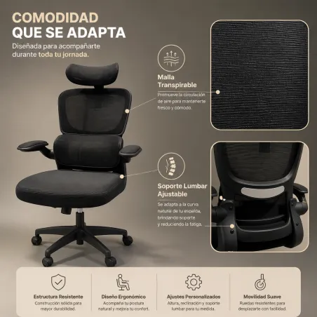 Silla de Oficina Ergonómica de Malla Transpirable con Soporte Lumbar Ajustable