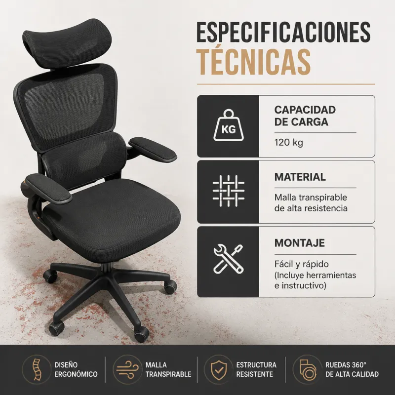Silla de Oficina Ergonómica de Malla Transpirable con Soporte Lumbar Ajustable