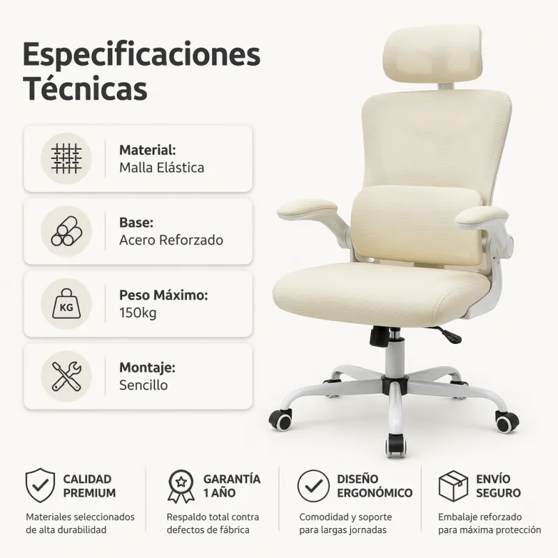 Silla de Oficina Ergonómica Transpirable con Soporte Lumbar y Reposabrazos Abatibles