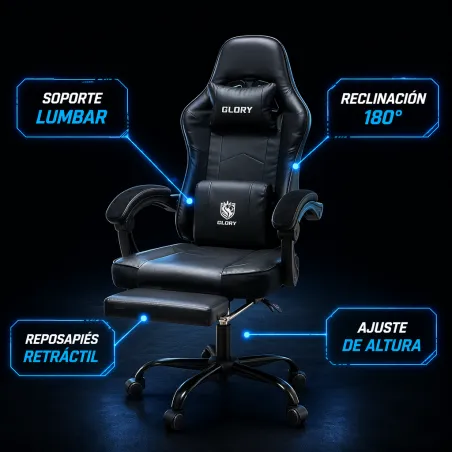 Silla Gaming Profesional GLORY Ergonómica Reclinable 180° con Reposapiés Retráctil