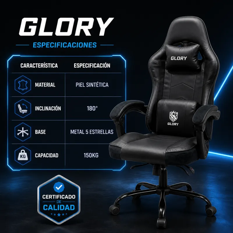 Silla Gaming Profesional GLORY Ergonómica Reclinable 180° con Reposapiés Retráctil
