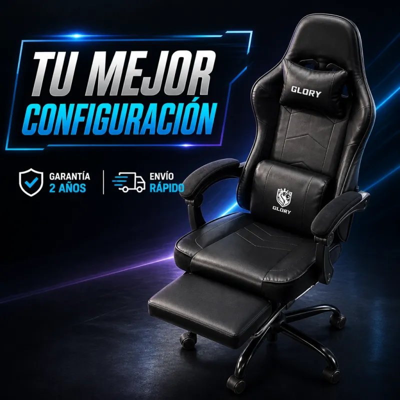 Silla Gaming Profesional GLORY Ergonómica Reclinable 180° con Reposapiés Retráctil