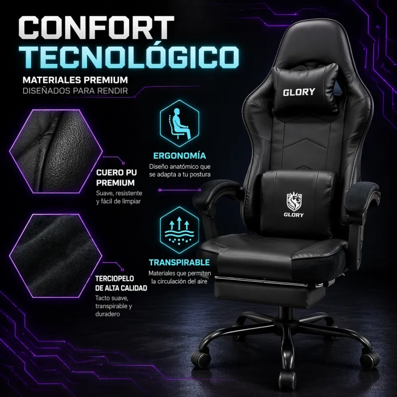 Silla Gaming Profesional GLORY Ergonómica Reclinable 180° con Reposapiés Retráctil
