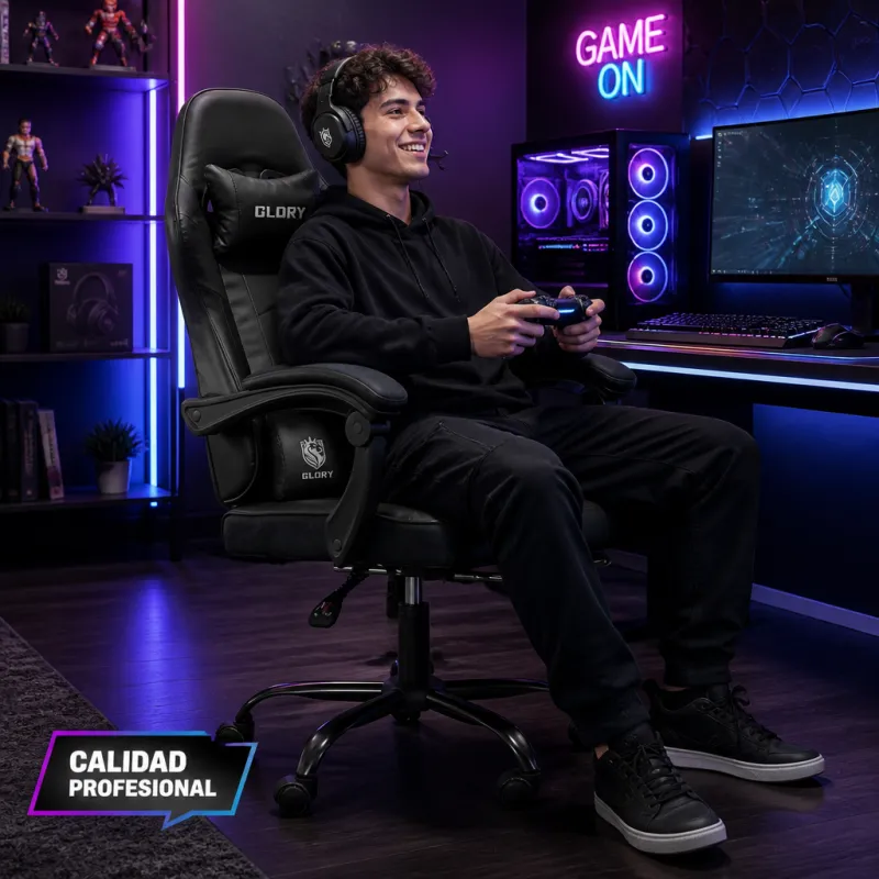 Silla Gaming Profesional GLORY Ergonómica Reclinable 180° con Reposapiés Retráctil