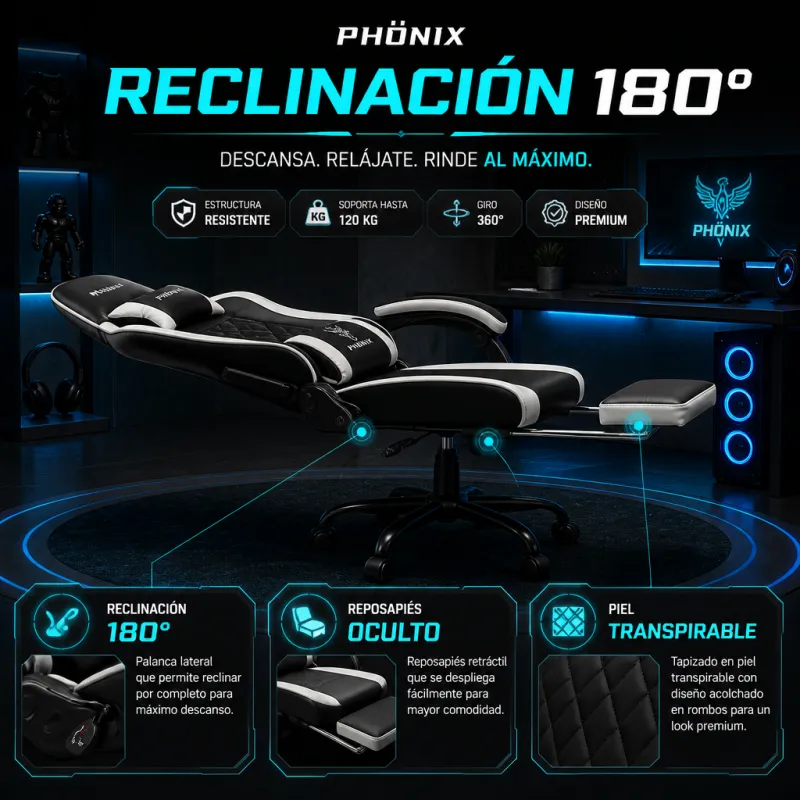 Silla Gaming Ergonómica PHÖNIX Reclinable con Reposapiés y Soporte Doble