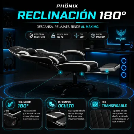Silla Gaming Ergonómica PHÖNIX Reclinable con Reposapiés y Soporte Doble