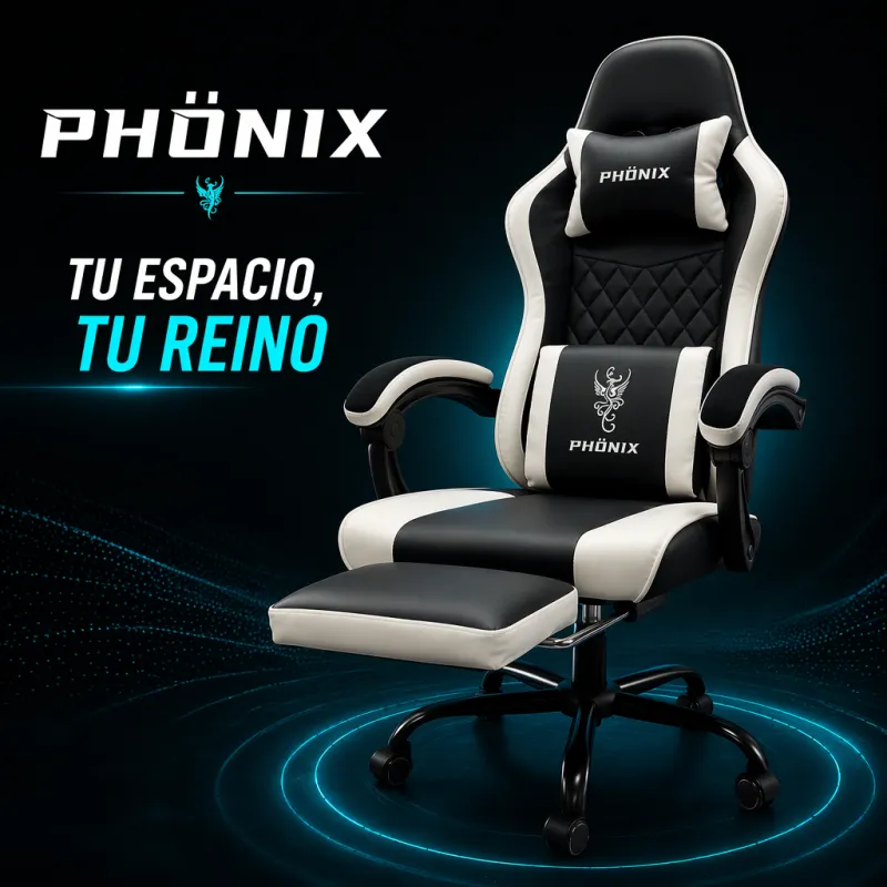 Silla Gaming Ergonómica PHÖNIX Reclinable con Reposapiés y Soporte Doble