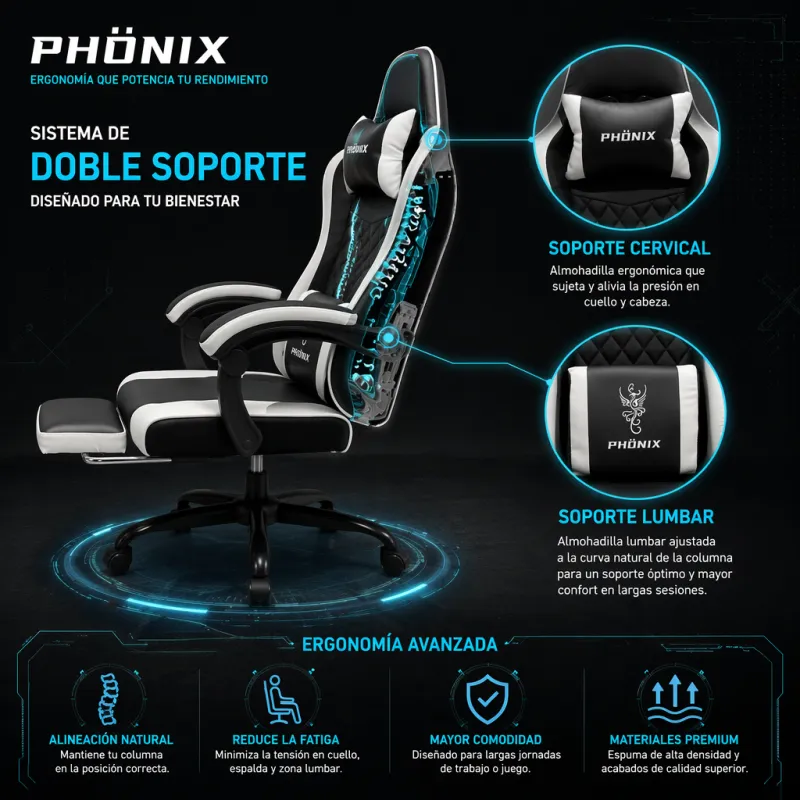 Silla Gaming Ergonómica PHÖNIX Reclinable con Reposapiés y Soporte Doble
