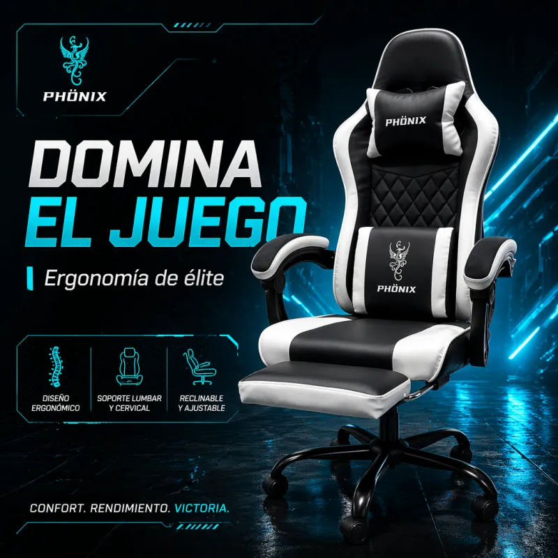 Silla Gaming Ergonómica PHÖNIX Reclinable con Reposapiés y Soporte Doble