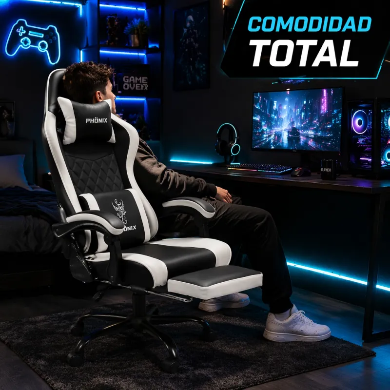 Silla Gaming Ergonómica PHÖNIX Reclinable con Reposapiés y Soporte Doble