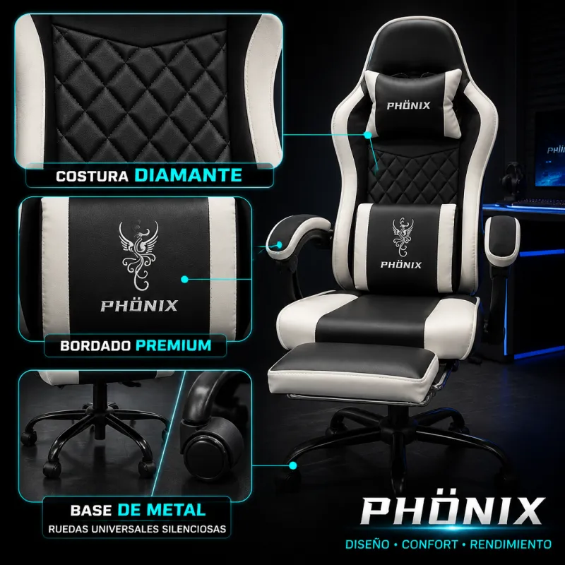 Silla Gaming Ergonómica PHÖNIX Reclinable con Reposapiés y Soporte Doble