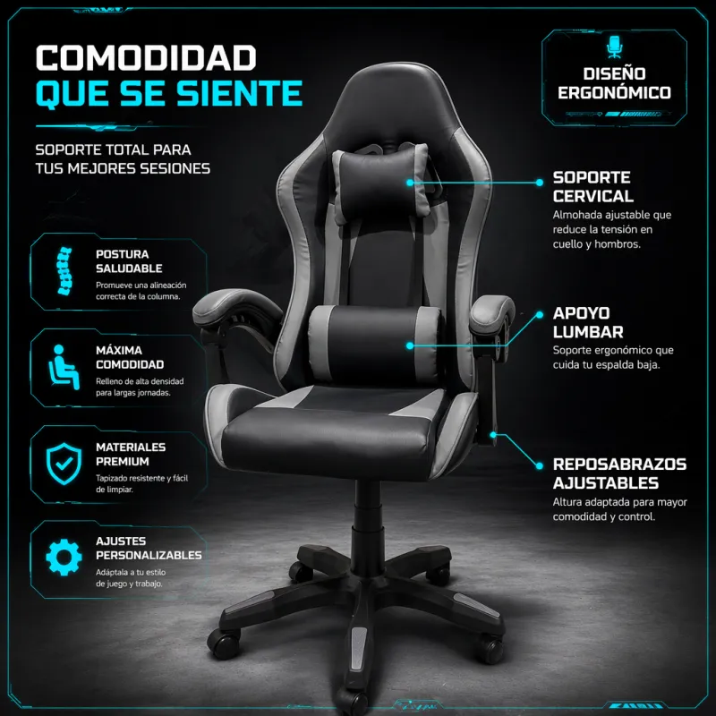 Silla Gaming Ergonómica Racing Pro con Soporte Lumbar y Cervical - Serie Black/Grey