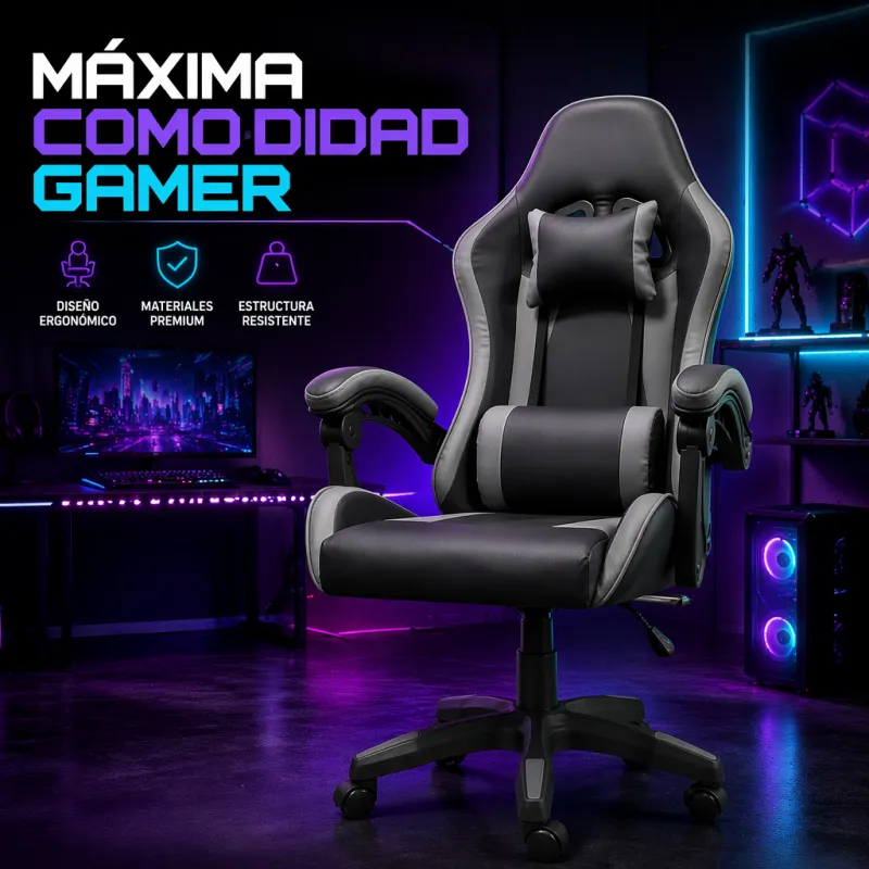 Silla Gaming Ergonómica Racing Pro con Soporte Lumbar y Cervical - Serie Black/Grey