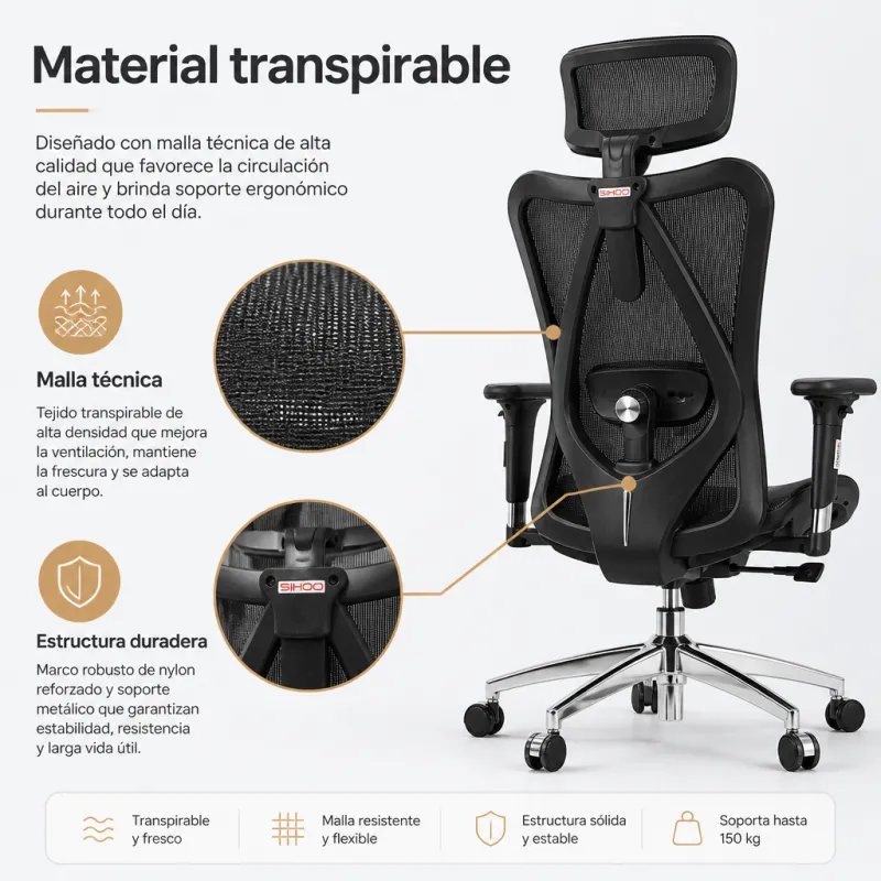 Silla de Oficina Ergonómica de Malla Transpirable Sihoo con Soporte Lumbar Dinámico