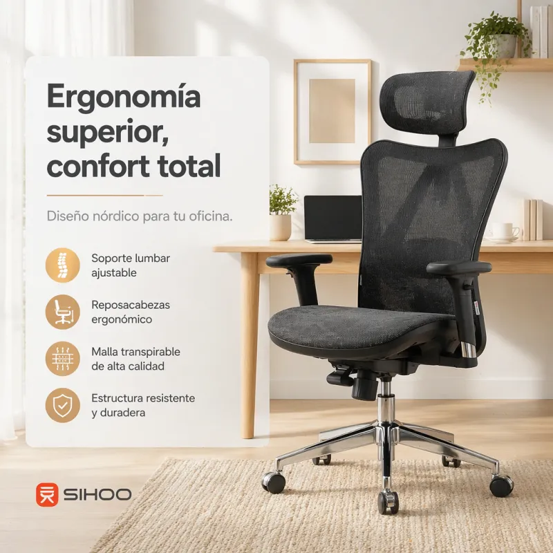 Silla de Oficina Ergonómica de Malla Transpirable Sihoo con Soporte Lumbar Dinámico