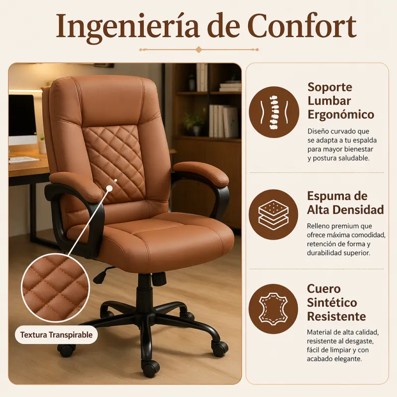 Silla de Oficina Ergonómica Ejecutiva con Soporte Lumbar y Acabado en Cuero Sintético Premium