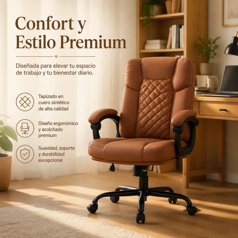 Silla de Oficina Ergonómica Ejecutiva con Soporte Lumbar y Acabado en Cuero Sintético Premium