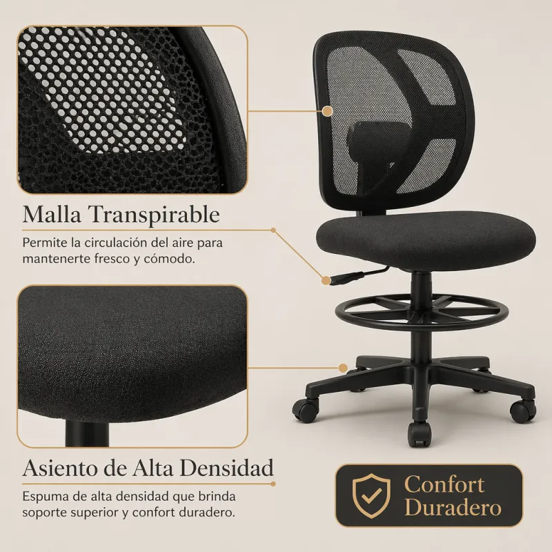 Silla de Oficina Ergonómica Alta con Reposapiés Circular y Malla Transpirable