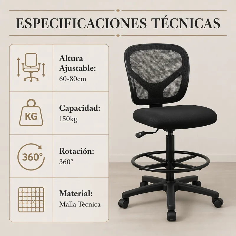 Silla de Oficina Ergonómica Alta con Reposapiés Circular y Malla Transpirable
