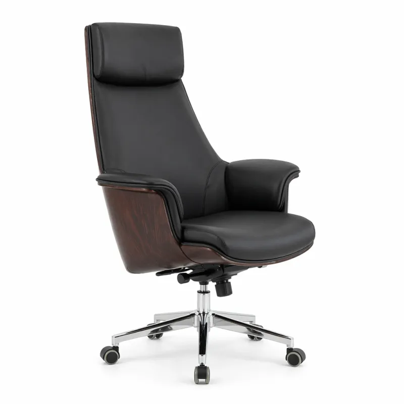 Silla de Oficina Ejecutiva Ergonómica Premium en Madera de Nogal y Cuero Sintético