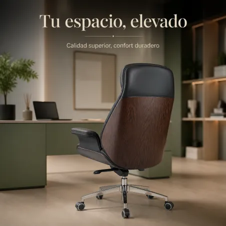 Silla de Oficina Ejecutiva Ergonómica Premium en Madera de Nogal y Cuero Sintético