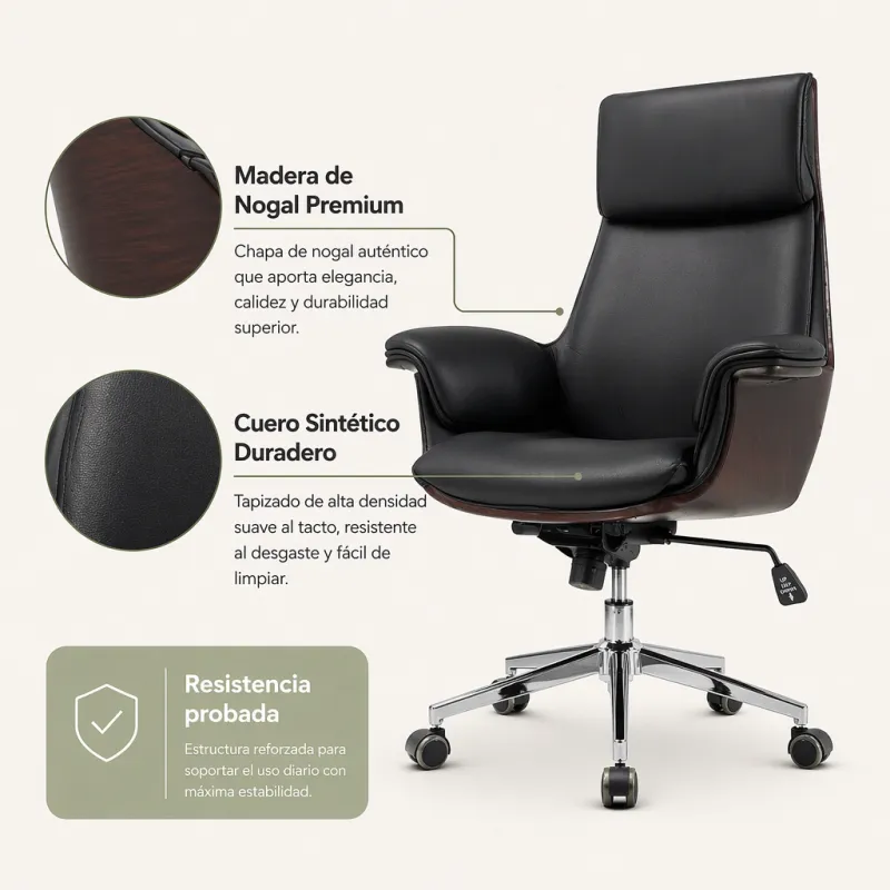 Silla de Oficina Ejecutiva Ergonómica Premium en Madera de Nogal y Cuero Sintético