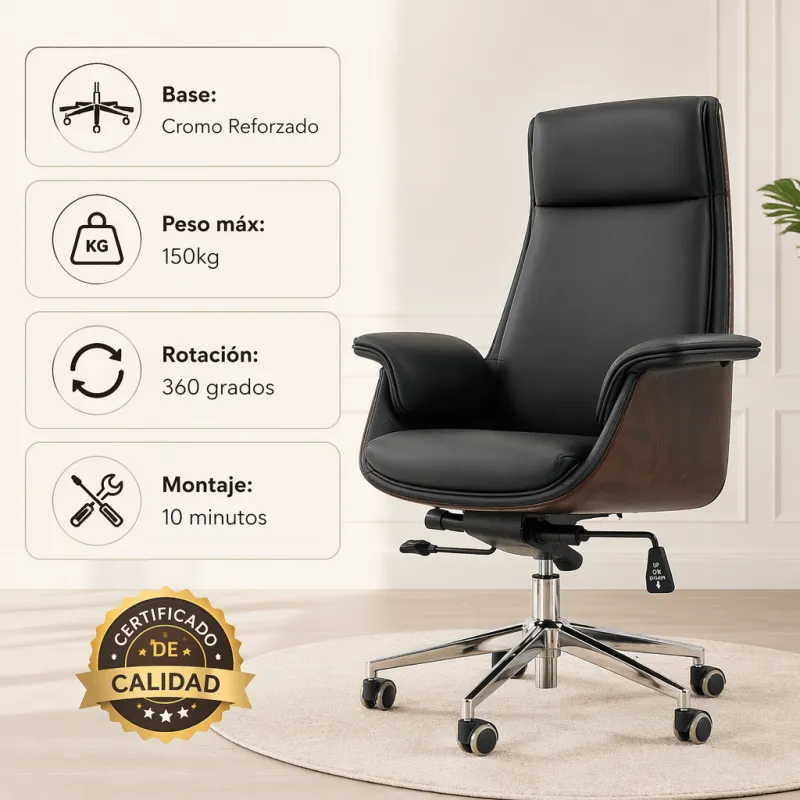 Silla de Oficina Ejecutiva Ergonómica Premium en Madera de Nogal y Cuero Sintético