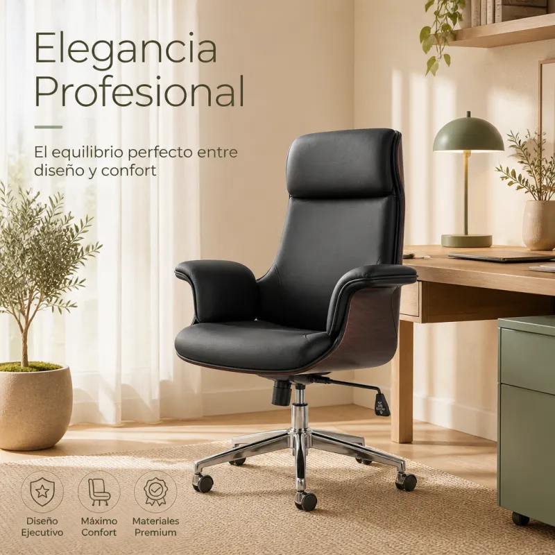 Silla de Oficina Ejecutiva Ergonómica Premium en Madera de Nogal y Cuero Sintético