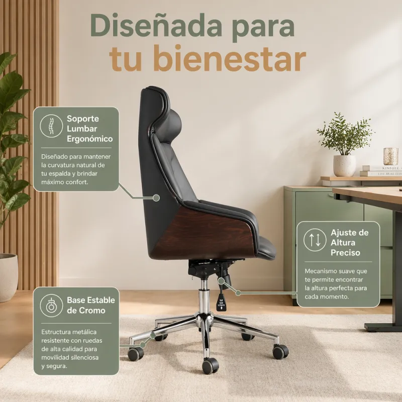 Silla de Oficina Ejecutiva Ergonómica Premium en Madera de Nogal y Cuero Sintético