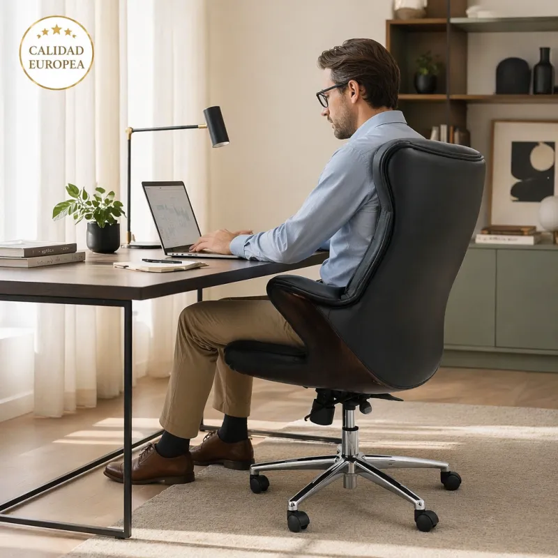 Silla de Oficina Ejecutiva Ergonómica Premium en Madera de Nogal y Cuero Sintético