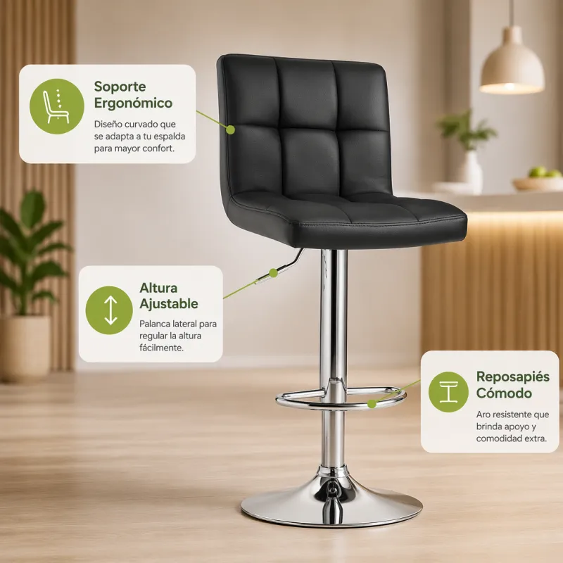 Taburete de Bar Elegante y Ergonómico Ajustable en Piel Sintética
