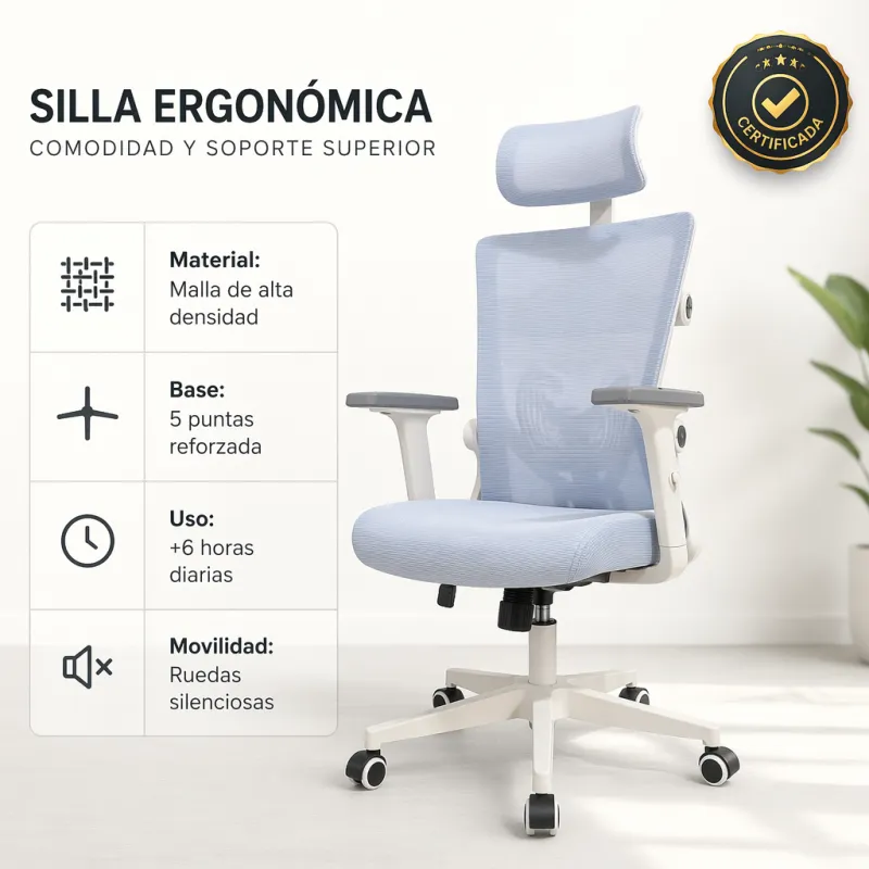 Silla de Escritorio Ergonómica con Respaldo de Malla y Cabecero Ajustable
